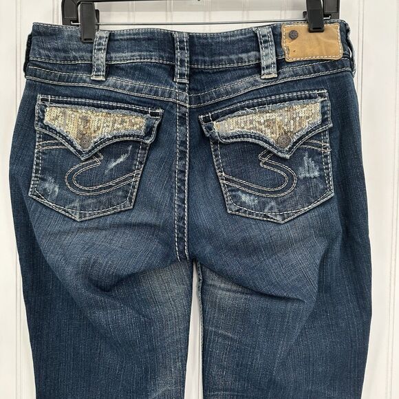 Silver Jeans Womens 30 Suki Boot Surplus Blue Bootcut Denim Western Gold Sequins - Picture 5 of 15